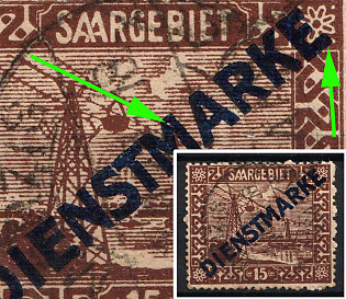 1922 15c Saar, Germany, Official Stamp, Lower Bar of the Last 'E' Extended + Dot in 'M' in 'Dienstmarke'