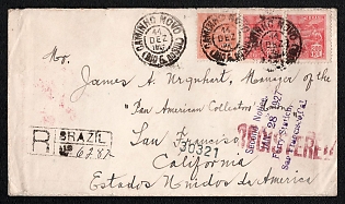 1926 (11 Dec) Registered international cover from Rio do Sul (Brazil) to San Francisco (USA), franked with two 200r and 500r (Salvador), canceled by Rio do Sul postmark. Arrived in San Francisco on January 8, 1927. Handed over for delivery in San Francisco on January 10, 1927. Purple four-line "Second Notice. / JAN 28 1927 / Ferry Station, / San Francisco, Cal."