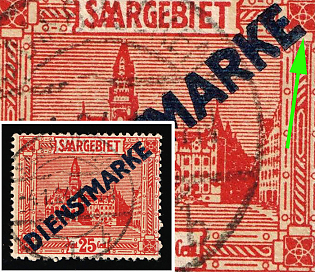 1922 25c Saar, Germany, Official Stamp, Lower Bar of the Last 'E' Extended in 'Dienstmarke'