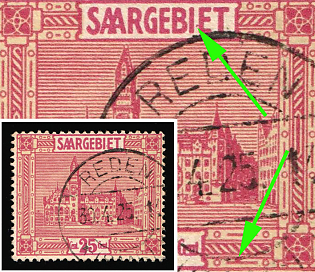 1923 25c Saar, Germany, Point on the Connecting Line Between the Lower Circles in the Bottom Right Corner, and Dot Between 'I' and 'E' in 'SAARGEBIET'