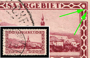 1926 50c Saar, Germany, Circle on the Right at the Upper Right Corner Decoration, BROKEN Outer Frame at the Right Corner