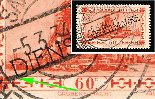 1929 30c Saar, Germany, Official Stamp, The Lower Exit Curve of the 'D' Ends at an Angle, With a Dot Indicated Before it