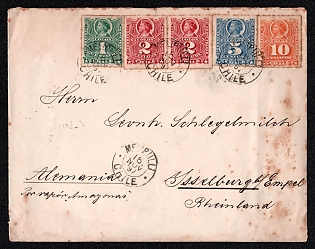1897 (16 Nov) Cover from Melipilla (Chile) to Isselburg (Germany), franked with 1c, a pair of 2с, 5c, and 10c (Chile), canceled by Melipilla postmark. Via Valparaiso (Chile), November 20, 1897. Arrived in Isselburg December 24, 1897