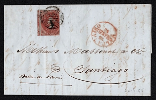 1855 (26 Mar) Letter sheet from Valparaiso (Chile) to Santiago (Chile), franked with 5c, 2.5 margines (Chile), canceled by black bars postmark. No arrival postmark