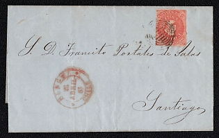 1865 (26 Apr) Letter sheet from Benge (Chile) to Santiago (Chile), franked with 5c, 3.5 margines (Chile), canceled by black bars postmark. Arrival postmark unreadable