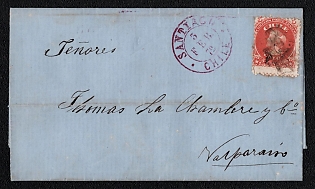 1865 (3 Feb) Letter sheet from Santiago (Chile) to Valparaiso (Chile), franked with 5c, 3.5 margines (Chile), canceled with a black mute postmark. No arrival postmark