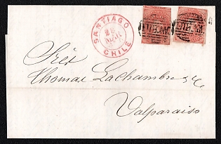 1872 (3 Feb) Letter sheet from Santiago (Chile) to Valparaiso (Chile), franked with two 5c, right stamp 4 margins (Chile), canceled by black bars "canceled" postmark. Arrival postmark unreadable