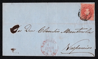 1851 (6 Apr) Letter sheet from Santiago (Chile) to Valparaiso (Chile), franked with 5c, 4 margins (Chile), canceled by black bars postmark. No arrival postmark