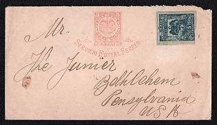 1903 (1 Apr) Cover from Barranquilla (Colombia) to Bethlehem (USA), franked with three 5c on postal stationery 5c (Colombia), canceled by Barranquilla postmark. Via New York ("PAID / C / ALL"), April 21, 1903 transit postmark on the reverse side. Arrived in Bethlehem April 22, 1903