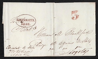 1844 (4 Apr) Pre-philatelic stampless letter sheet from Santa Marta (Colombia) to Bogota (Colombia), payment postmark red cachet rate "3" and oval Santa Marta origin postmark. Arrived in Bogota April 27, 1844
