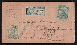 1905 (3 Jan) Registered international cover from Bogota (Colombia) to Berlin (Germany), franked with 5c, 10c, and 20c registered stamps (Colombia), canceled by Bogota postmark. Via Saint-Nazaire (Colombia), January 5, 1905. Arrived in Berlin on January 25, 1905
