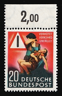 1953 20pf German Federal Republic, Germany, Margin, Plate Number