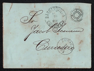 1885 (3 Aug) Stampless international cover from Barranquilla (Colombia) to Curacao (Netherlands Antilles), with fancy cancels. Arrived in Curacao on August 31, 1885