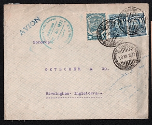 1927 (19 Dec) International airmail cover from Bucaramanga (Colombia) to Birmingham (England), franked with two 2c and 30c airmail stamp (Colombia) canceled by Bucaramanga postmark. Via Barranquilla, December 21, 1927. No arrival postmark