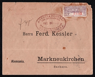 1913 (Feb) International registrated cover from Bogota (Colombia) to Markneukirchen (Germany), franked with five 1c and 10c registrated stamp (Colombia) canceled by Bogota postmark. Via Barranquilla February 20, 1913. Arrive in Markneukirchen March 12, 1913