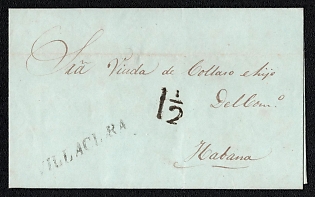 1837 Pre-philatelic stampless international letter sheet from Villa Clara (Cuba) to Havana (Cuba), payment postmark cachet rate 1½. Straight-line "VILLACLARA" origin postmark