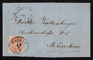 1865 15Kr Austrian Empire, Austria, Folded Letter from Triest (Italy) to Munich (Germany)