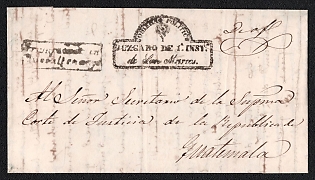 1849 (17 Jul) Pre-philatelic stampless letter sheet from Quesaltenango (Guatemala) to Guatemala (Guatemala), payment postmark cachet "Franqueado en Quesaltenango" which translates to "Franked in Quetzaltenango". The administrative marking in a "hooded" rectangle: "GOBIERNO POLITICO Y JUZGADO DE 1A INST. A De San Marcos." which translates "Political Government and Court of First Instance of San Marcos." Also bears the manuscript “De Of” meaning “De Oficio”, in translation, “Official Mail”