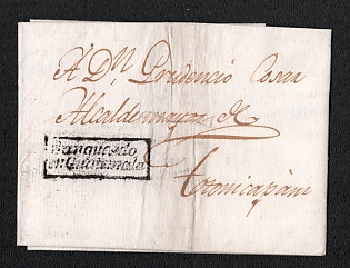 1804 Pre-philatelic stampless letter sheet from Guatemala (Guatemala) to Totonicapan (Guatemala), payment postmark cachet "Franqueado en Guatemala," which translates to "Franked in Guatemala"