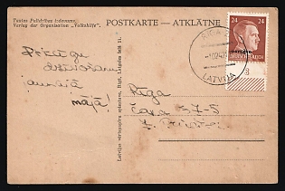 1942 (10 Feb) Ostland, German Occupation, Germany, 'St. Peter's Church' Picture Postcard locally addressed in Riga franked with 24pf, Margin, Plate Number