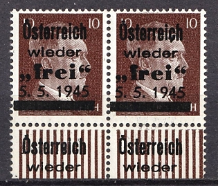 1945 10pf Losenstein Local Issue, Austria, Overprint on Hitler's head, Pair, Margin, Overprint extends onto Margin