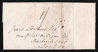 1785 (8 Dec) Pre-philatelic stampless international letter sheet from Spanish Town (Jamaica) to London (Great Britain), payment postmark handwritten rate "1/", black straight-line "JAMAICA" origin postmark on reverse, black circular "6 / AP" London Bishop arrival postmark on reverse. Arrived in London April 6, 1786