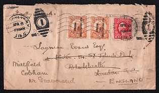 1915 Cover from Oaxaca (Mexico) to London, Blackheath area (Great Britain), redirected in Cobham, franked with a pair of 10c (Oaxaca issue, Mexico civil war) and 2c (USA), canceled by New York postmark April 8, 1915. Via New York, April 8, 1915. No Oaxaca postmark. It is unknown whether both Oaxaca and US postage stamps were affixed in Mexico or the US, or whether Oaxaca was affixed in Mexico and the US in the US. Arrive in London April 20, 1915. No arrival postmark