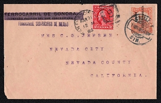 1915 (11 Mar) Cover from Culiacan (Mexico) to Nevada (USA), franked with 5c (Sonora issue, Mexico civil war) canceled by Culiacan postmark and 2c (USA) canceled by San Francisco postmark March 31, 1915. The US stamp was affixed in the US. Via San Francisco, March 31, 1915. No arrival postmark