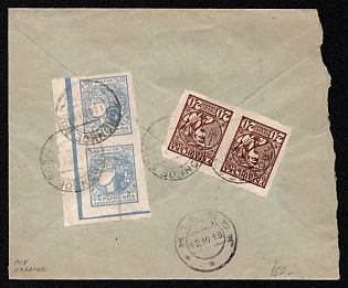 1918 (11 Oct) Registered Cover from Polonnoe (Polonne) to Kiev (Kyiv) with red registration label, franked with 20sh pair and 30sh corner pair (blue control strip) Ukrainian People's Republic (100sh total)