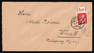 1945 (15 May) Vienna Local Issue, Austria, Overprint on Hitler's head, Cover locally addressed in Vienna franked with 8pf, Margin, Plate Number