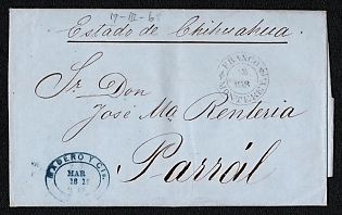 1868 (12 Mar) Stampless international letter sheet from Monterey (Mexico) to Parral (Mexico), payment postmark cachet "3" on the reverse side. Black circular "FRANCO / 12 / MAR / MONTERREY." origin postmark. Blue oval forwarding agent cachet "MADERO Y Cia. / MAR / 18"