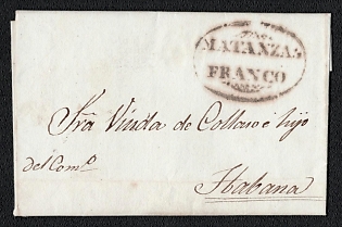 1840s Pre-philatelic stampless letter sheet from Matanzas (Cuba) to Havana (Cuba). Black oval "Matanzas Franco" in translation "Matanzas Paid" origin postmark