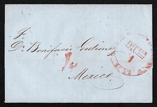 1853 (1 Dec) Pre-philatelic stampless letter sheet from Mazatlan (Mexico) to Mexico (Mexico) payment postmark cachet rate "4" on the front side, red postmark Mazatlan