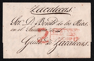 1847 (17 Sep) Pre-philatelic stampless letter sheet from Durango (Mexico) to Zacatecas (Mexico), payment postmark cachet rate "2" on the front side. Red origin cancel in a rectangular frame "Durango / Septiemb 17"