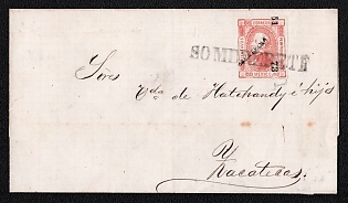 1873 Cover from Sombrerete (Mexico) to Zacatecas (Mexico), franked with 25c (with overprint Zacatecas district) canceled by straight-line postmark of Sombrerete. No arrival postmark