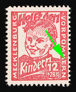 1945 12pf Mecklenburg-Vorpommern, Soviet Russian Zone of Occupation, Germany, White Horizontal Line between 'M' and 'E' in 'VORPOMMERN'