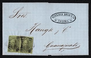 1868 Letter sheet from Colima (Mexico) to Guanajuato (Mexico), franked with a pair of 12c (with overprint district, Colima), canceled by Colima oval postmark. Blue oval "RIENSCH HELD Y CẠ / COLIMA" forwarding agent cachet. No arrival postmark