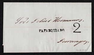 1853 Pre-philatelic stampless letter sheet from Papasquiaro (Mexico) to Durango (Mexico), payment postmark cachet rate "2" on front. Black straight-line postmark Papasquiaro