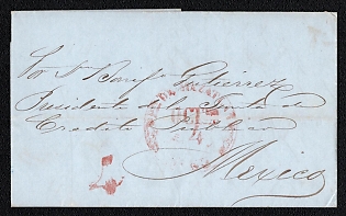 1852 (4 Oct) Pre-philatelic stampless letter sheet from Mazatlan (Mexico) to Mexico (Mexico) payment postmark cachet rate "4" on the front side, red postmark Mazatlan