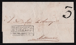 1852-56 (29 Des) Pre-philatelic stampless letter sheet from Santa Anna de Tamaulipas (Mexico) to Matamoros (Mexico), payment postmark cachet rate "3" on front. Black three-line cancel in a rectangular frame "Santa Anna / de Tamaulipas / Diciembre 17"