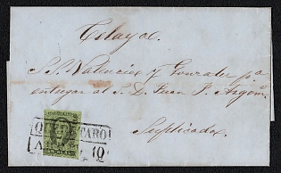 1861 ca. (10 Apr) Letter sheet from Queretaro (Mexico) to Celaya (Mexico), franked with 1r (with overprint district Queretaro), canceled by Queretaro rectangular frame postmark. No arrival postmark