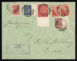 1918 (18 Aug) Gomel, Local Registered Cover with violet registration handstamp, mixed franked with 3k, 5k and 10k Russian Empire, 2x1k Saving stamps, and 50sh Ukrainian People's Republic (20k total and 50sh), Signed