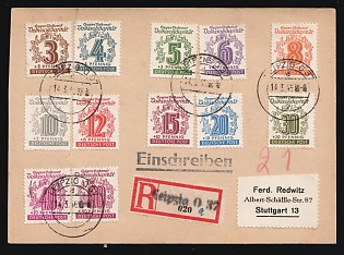 1946 (14 Mar) West Saxony, Soviet Russian Zone of Occupation, Germany, Registered Postcard from Leipzig to Stuttgart with Red Registration Label franked with complete set of 3pf - 60pf