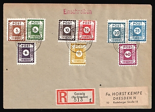 1945 (12 Dec) East Saxony, Soviet Russian Zone of Occupation, Germany, Registered Cover from Coswig to Dresden with Red Registration Label franked with complete set of 5pf - 40pf