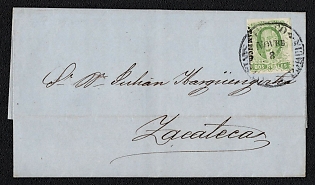 1856-58 (8 Nov) Letter sheet from Tampico (Mexico) to Zacatecas (Mexico), franked with 2r (with overprint district Tampico, 16 by 2 mm with leading and trailing dots), canceled by Tampico postmark. No arrival postmark