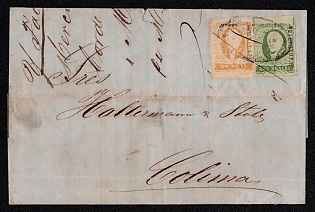 1861 Letter sheet from Guadalajara (Mexico) to Colina (Mexico), franked with 1r and 2r (with overprint district Guadalajara, 20 x 1½ mm without dots), canceled by Guadalajara oval postmark. No arrival postmark