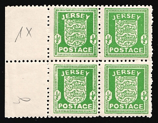 1942 0.5p Jersey, German Occupation, Germany, Block of Four, Margin