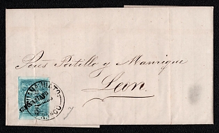 1865 (5 Feb) Letter sheet from Guanajuato (Mexico) to Leon (Mexico), franked with 1r (with overprint district Guanajuato, without dots), canceled by Guanajuato postmark. No arrival postmark