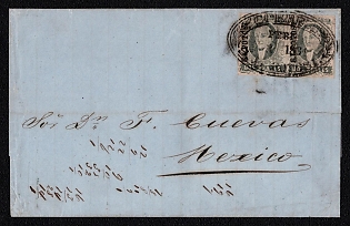 1861 (1 Feb) Letter sheet from San Luis Potosi (Mexico) to Mexico (Mexico), franked with a pair of 2r (with overprint district San Luis Potosi), canceled by San Luis Potosi postmark. No arrival postmark