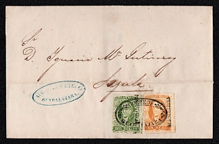 1861 Letter sheet from Guadalajara (Mexico) to Sayula (Mexico), franked with 1r and 2r (with overprint district Guadalajara) canceled by Guadalajara postmark. Blue oval "ALCKE & KREKELER CẠ / GUADALAJARA" forwarding agent cachet. No arrival postmark